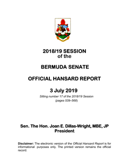 2018/19 SESSION of the BERMUDA SENATE OFFICIAL HANSARD
