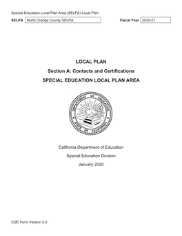 LOCAL PLAN Section A: Contacts and Certifications SPECIAL EDUCATION LOCAL PLAN AREA
