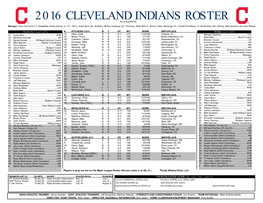 2016 CLEVELAND INDIANS ROSTER As of 8/20/2016