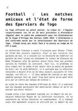 Football : Les Matches Amicaux Et L'état De Forme Des Eperviers Du Togo