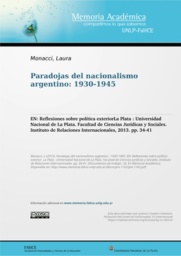 Paradojas Del Nacionalismo Argentino: 1930-1945