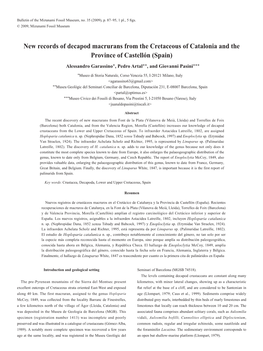 New Records of Decapod Macrurans from the Cretaceous of Catalonia and the Province of Castellón (Spain) Alessandro Garassino*, Pedro Artal**, and Giovanni Pasini***