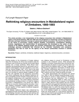Rethinking Religious Encounters in Matabeleland Region of Zimbabwe, 1860-1893