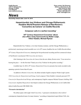 Harpsichordist Jory Vinikour and Chicago Philharmonic Headline World-Premiere Release of Ned Rorem’S ‘Concertino Da Camera’ on Cedille Records