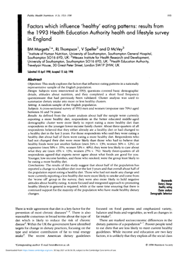 'Healthy' Eating Patterns: Results from the 1993 Health Education Authority Health and Lifestyle Survey in England