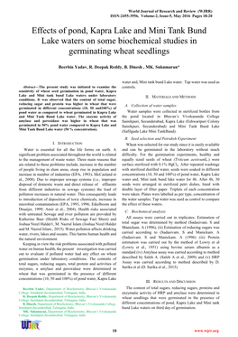 Effects of Pond, Kapra Lake and Mini Tank Bund Lake Waters on Some Biochemical Studies in Germinating Wheat Seedlings