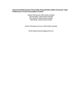 Introversion/Extraversion Personality Characteristics Affect Consumer Taste Preferences in Food Consumption Context