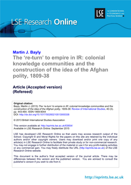 The 'Re-Turn' to Empire in IR: Colonial Knowledge Communities and the Construction of the Idea of the Afghan Polity, 1809-38