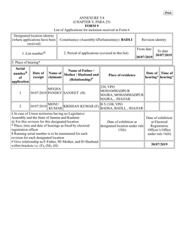 ANNEXURE 5.8 (CHAPTER V, PARA 25) FORM 9 List of Applications For