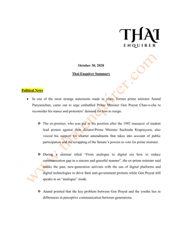 October 30, 2020 Thai Enquirer Summary Political News