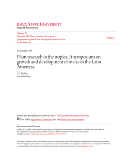 Plant Research in the Tropics: a Article 1 Symposium on Growth and Development of Maize in the Latin Americas