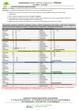 HARMONOGRAM ODBIORU ODPADÓW KOMUNALNYCH – RYDZYNA 01.01.2020 R