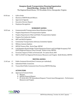 Hampton Roads Transportation Planning Organization Board Meeting – October 18, 2018 the Regional Board Room, 723 Woodlake Drive, Chesapeake, Virginia