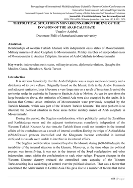 THEPOLITICAL SITUATIONIN MOVAROUNNAHRON the EVE of the INVASION of the ARAB CALIPHATE Ungalov Azizbek Doctorant (Phd) of Samarkand Satate University