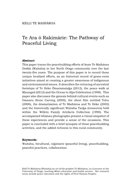 Te Ara Ō Rakimārie: the Pathway of Peaceful Living