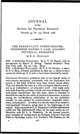 The Fraudulent Experimenter: Professor Hansel's Case Against Psychical Research