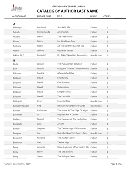 Catalog by Author Last Name Author Last Author First Title Genre Copies