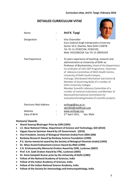 Curriculum Vitae, Anil K. Tyagi, February 2016 1 Name