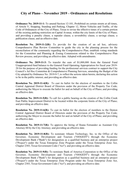 City of Plano – November 2019 – Ordinances and Resolutions