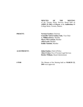 MINUTES of the MEETING of the Toronto Police Services Board Held on APRIL 19, 2001 at 1:30 P.M