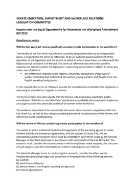 SENATE EDUCATION, EMPLOYMENT and WORKPLACE RELATIONS LEGISLATION COMMITTEE Inquiry Into the Equal Opportunity for Women in the W