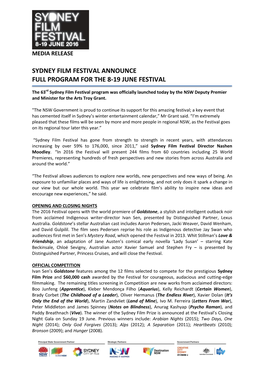 Sydney Film Festival Announce Full Program for the 8-19 June Festival