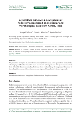 Zeylanidium Manasiae, a New Species of Podostemaceae Based on Molecular and Morphological Data from Kerala, India