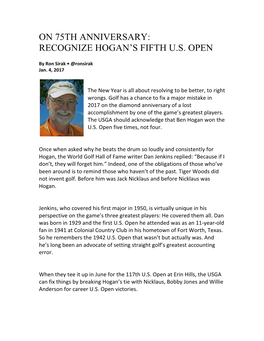 On 75Th Anniversary: Recognize Hogan's Fifth U.S