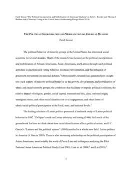 1 Farid Senzai the Political Behavior of Minority Groups in the United States Has Interested Social Scientists for Several Decad