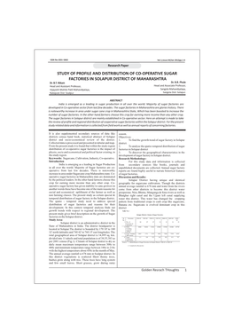 STUDY of PROFILE and DISTRIBUTION of CO-OPERATIVE SUGAR FACTORIES in SOLAPUR DISTRICT of MAHARASHTRA Dr