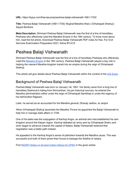 Peshwa Balaji Vishwanath [1661-1720]: Mughal-Maratha Wars | Chhatrapati Shahuji | ​ Sayyid Brothers