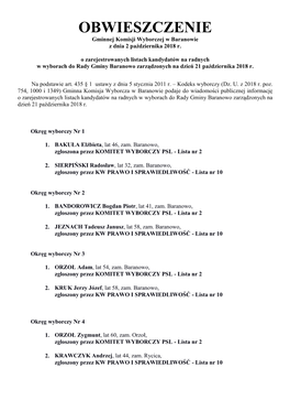 OBWIESZCZENIE Gminnej Komisji Wyborczej W Baranowie Z Dnia 2 Października 2018 R