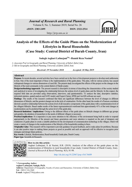 Analysis of the Effects of the Guide Plans on the Modernization of Lifestyles in Rural Households (Case Study: Central District of Darab County, Iran)