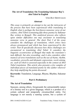 The Art of Translation: on Translating Sukumar Ray's Abol Tabol in English Abstract This Essay Is Primarily an Attempt To