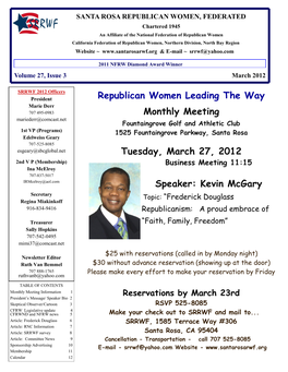 Republican Women Leading the Way Monthly Meeting Tuesday, March