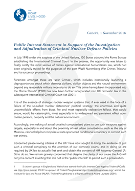 Public Interest Statement in Support of the Investigation and Adjudication of Criminal Nuclear Defence Policies