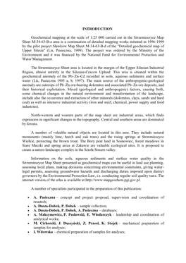 INTRODUCTION Geochemical Mapping at the Scale of 1:25 000 Carried out in the Strzemieszyce Map Sheet M-34-63-B-A Area Is a Conti