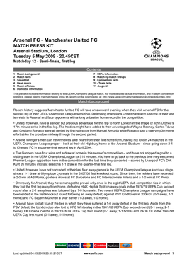 Arsenal FC - Manchester United FC MATCH PRESS KIT Arsenal Stadium, London Tuesday 5 May 2009 - 20.45CET Matchday 12 - Semi-Finals, First Leg