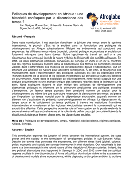 Politiques De Développement En Afrique : Une Historicité Confisquée Par La Discordance Des Temps