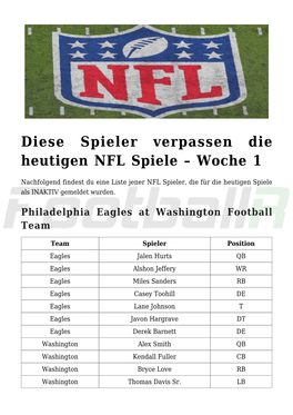 Diese Spieler Verpassen Die Heutigen NFL Spiele &#8211