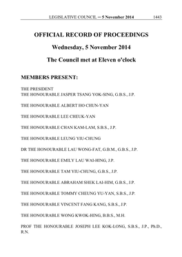 OFFICIAL RECORD of PROCEEDINGS Wednesday, 5