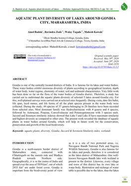 Aquatic Plant Diversity of Lakes Around Gondia City, Maharashtra, India