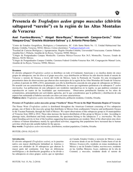 Presencia De Troglodytes Aedon Grupo Musculus (Chivirín Saltapared “Sureño”) En La Región De Las Altas Montañas De Veracruz