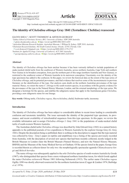 The Identity of Chelodina Oblonga Gray 1841 (Testudines: Chelidae) Reassessed