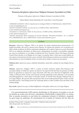 Presencia Del Género Aglaoctenus Tullgren (Araneae: Lycosidae) En Chile