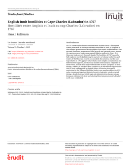 English-Inuit Hostilities at Cape Charles (Labrador) in 1767 Hostilités Entre Anglais Et Inuit Au Cap Charles (Labrador) En 1767 Hans J