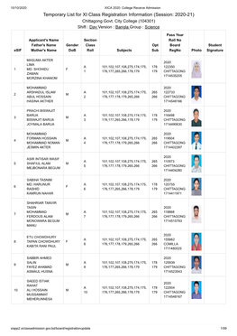 Temporary List for XI Class Registration Information (Session: 2020-21) Chittagong Govt