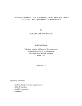 COPPER-BASED TERNARY OXIDE SEMICONDUCTORS for SOLAR ENERGY CONVERSION and ENVIRONMENTAL REMEDIATION by MOHAMMAD KABIR HOSSAIN DI