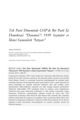 Tek Parti Döneminde CHP'de Bir Parti İçi Demokrasi