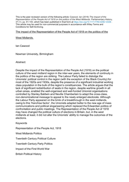 The Impact of the Representation of the People Act of 1918 on the Politics of the West Midlands